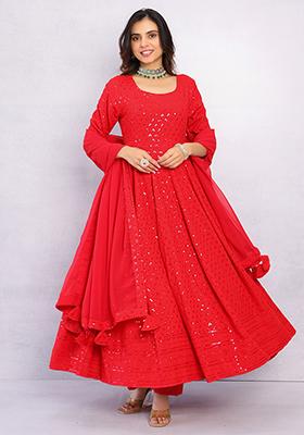 Red Sequin Work Rayon Anarkali Set