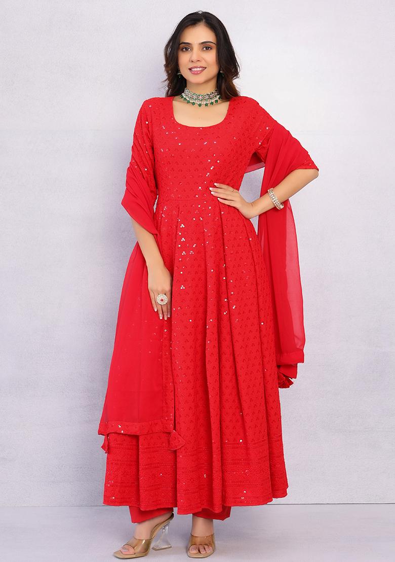 Red Embroidered Rayon Sharara Set