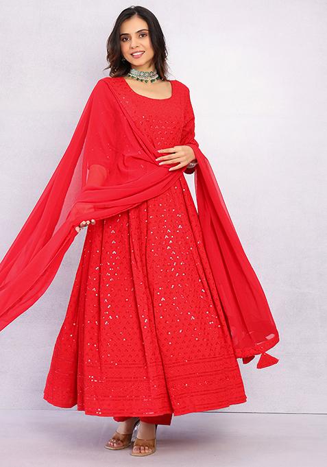Red Embroidered Rayon Sharara Set