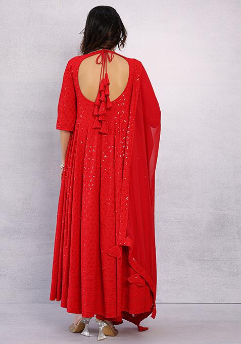 Red Embroidered Rayon Sharara Set
