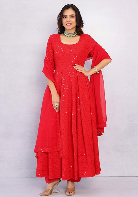 Red Embroidered Rayon Sharara Set