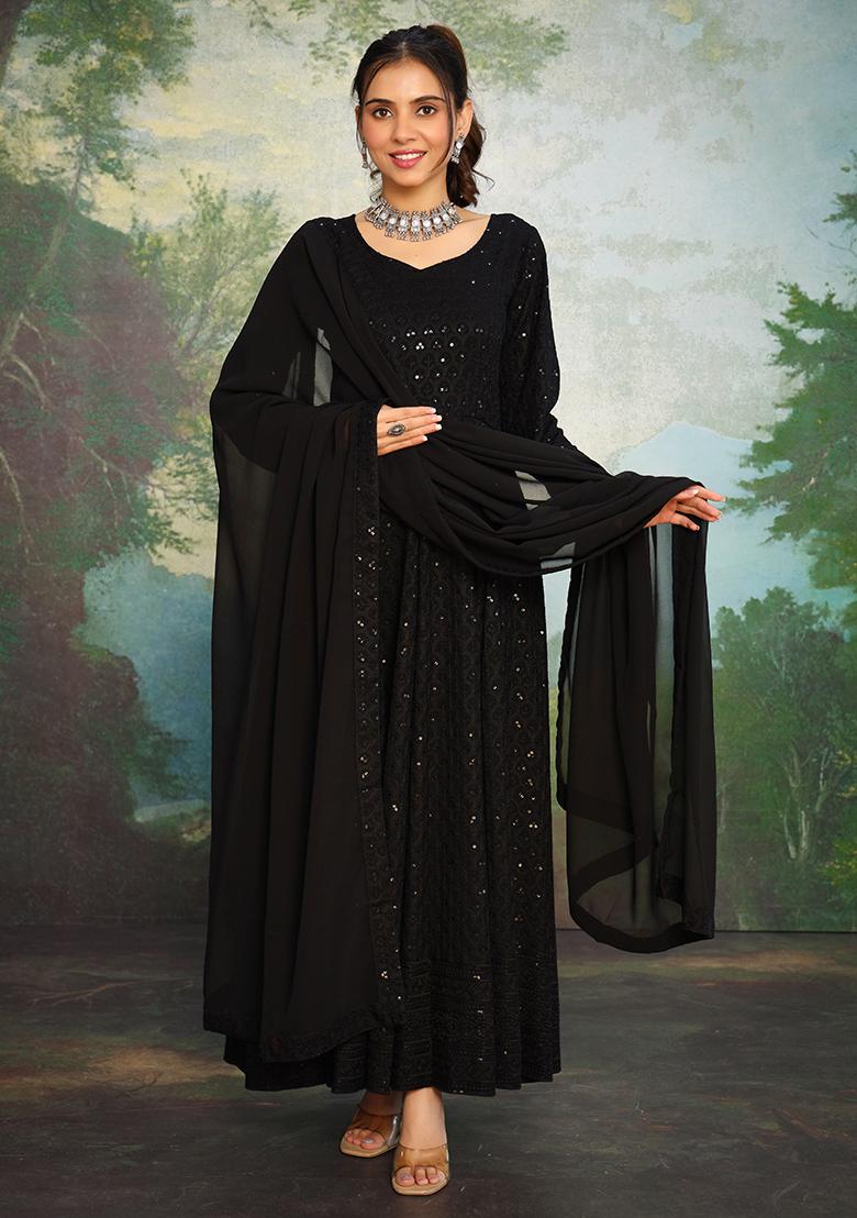 Black Sequin Work Rayon Anarkali Set - Indya