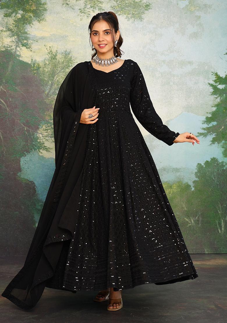 Black Sequin Work Rayon Anarkali Set - Indya
