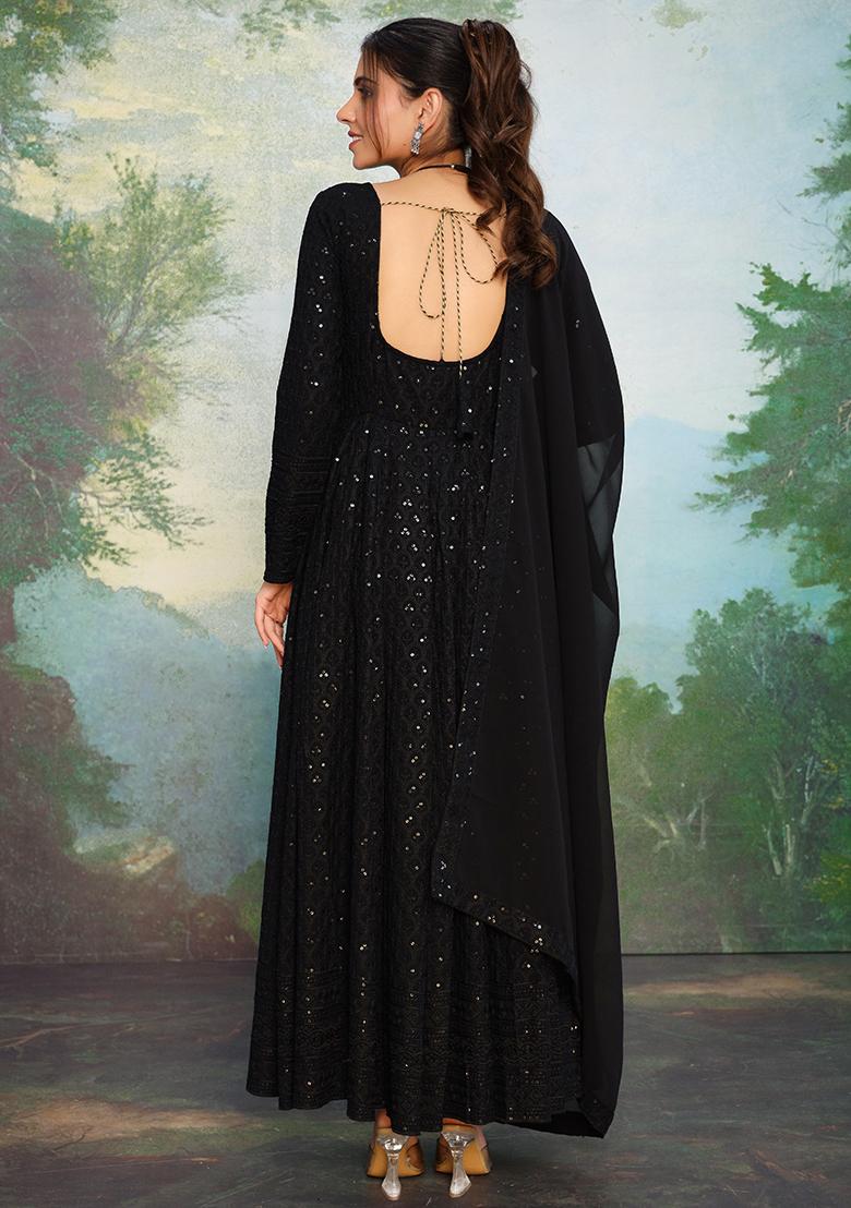 Black Sequin Work Rayon Anarkali Set - Indya