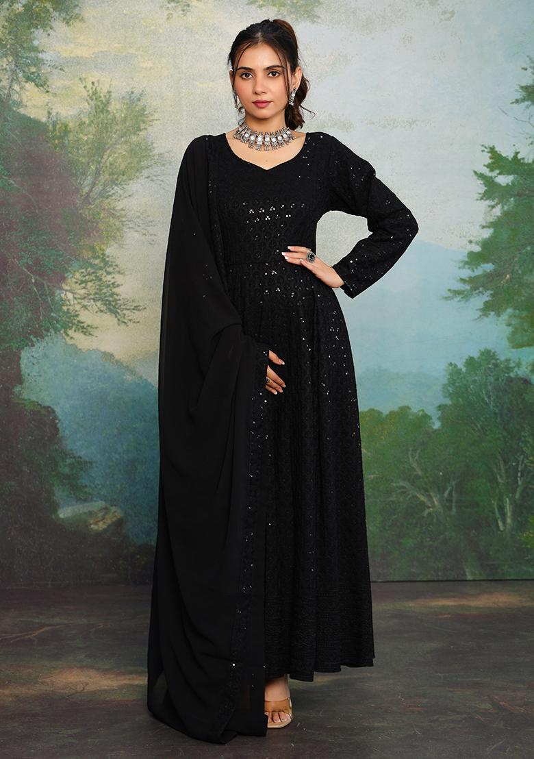 Black Sequin Work Rayon Anarkali Set - Indya
