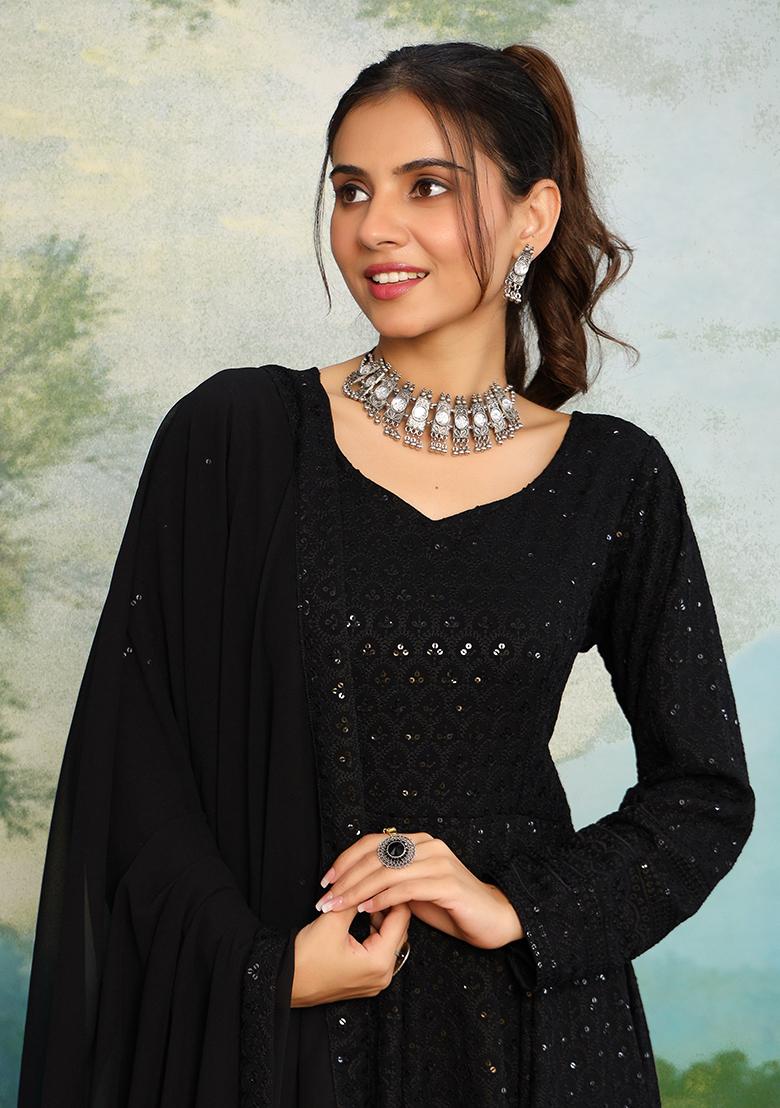 Black Sequin Work Rayon Anarkali Set - Indya