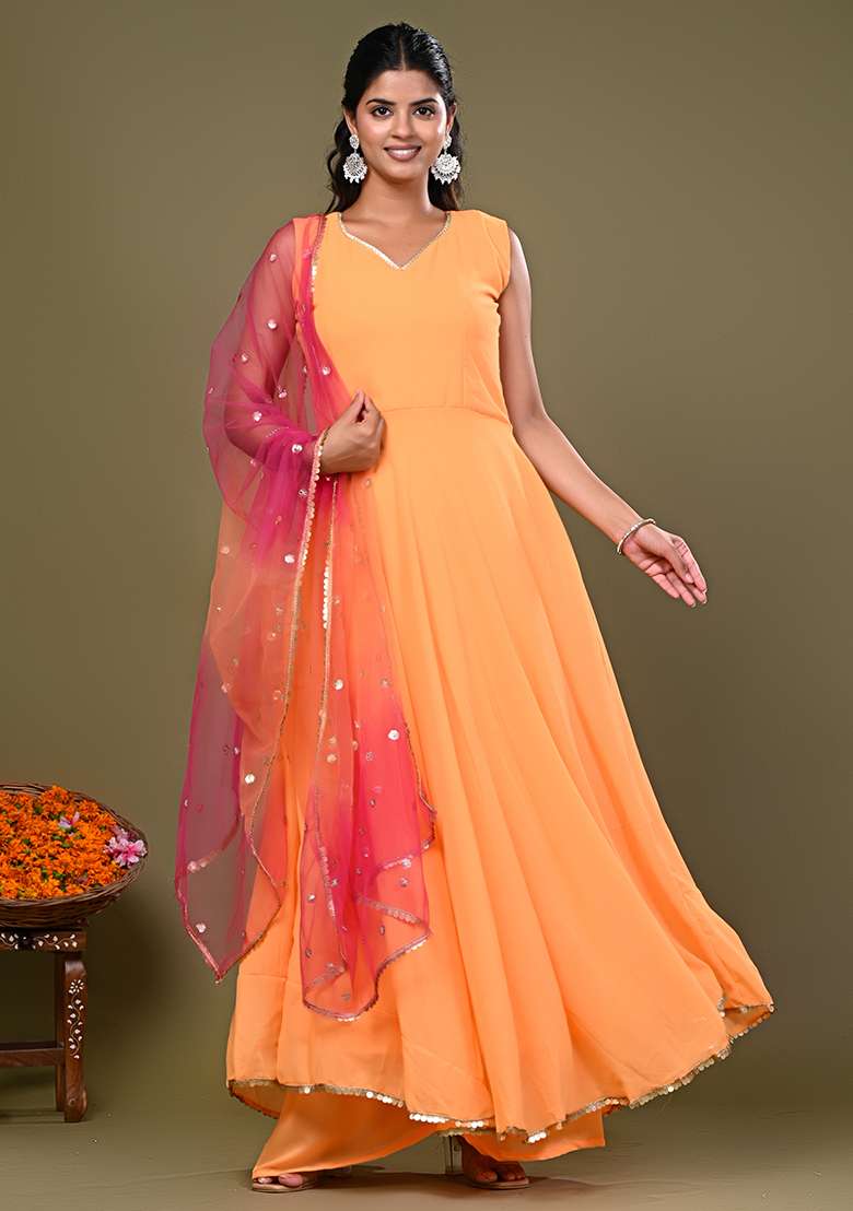 Peach Solid Georgette Anarkali Set - Indya
