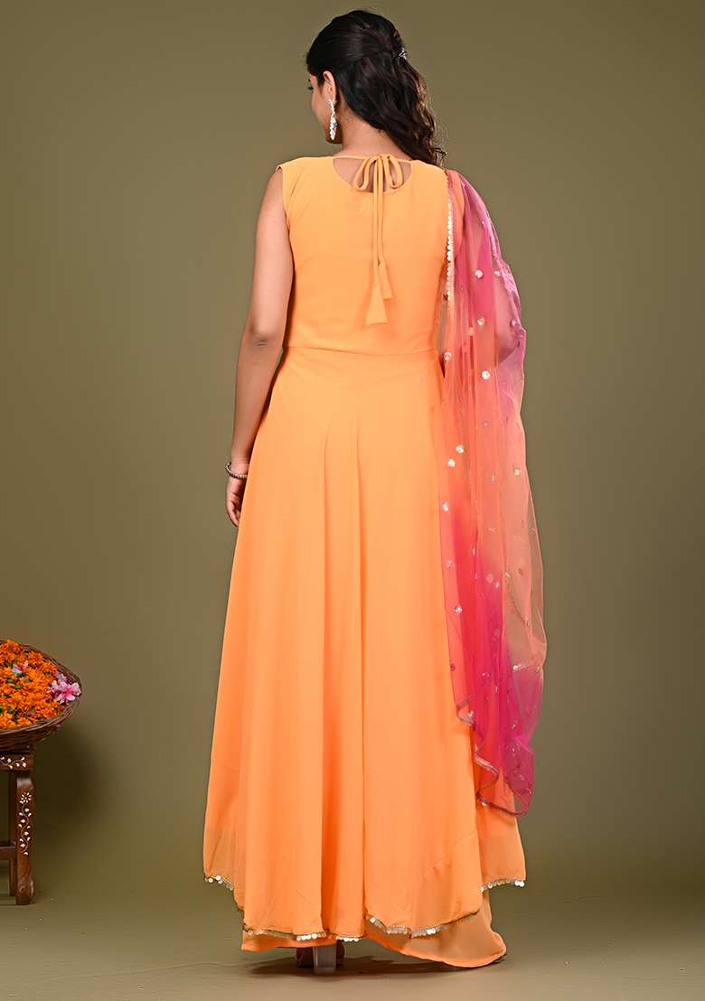 Peach Solid Georgette Anarkali Set - Indya