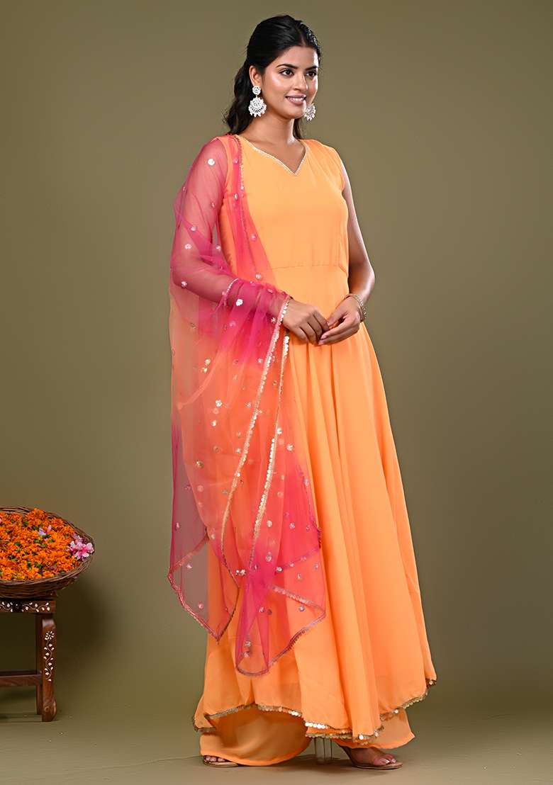 Peach Solid Georgette Anarkali Set - Indya