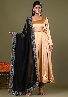 Golden Solid Satin Anarkali Set