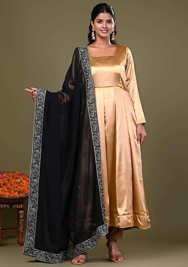 Golden Solid Satin Anarkali Set - Indya