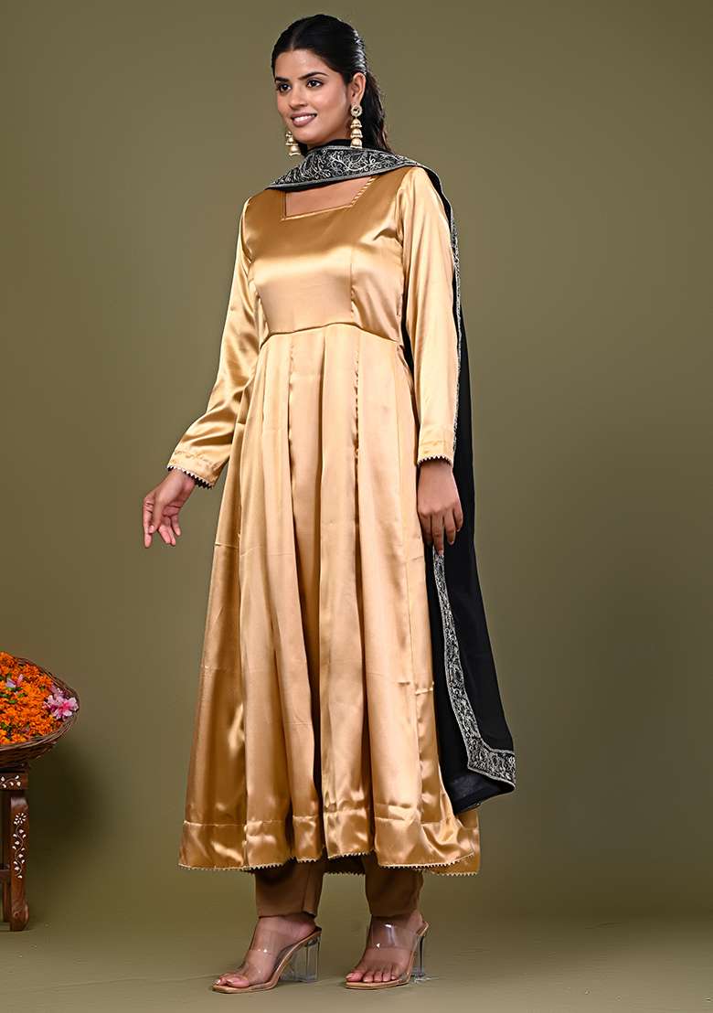 Golden Solid Satin Anarkali Set - Indya