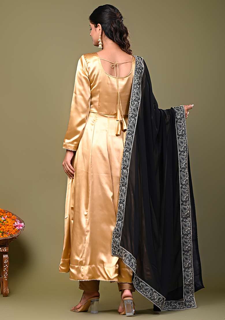 Golden Solid Satin Anarkali Set - Indya