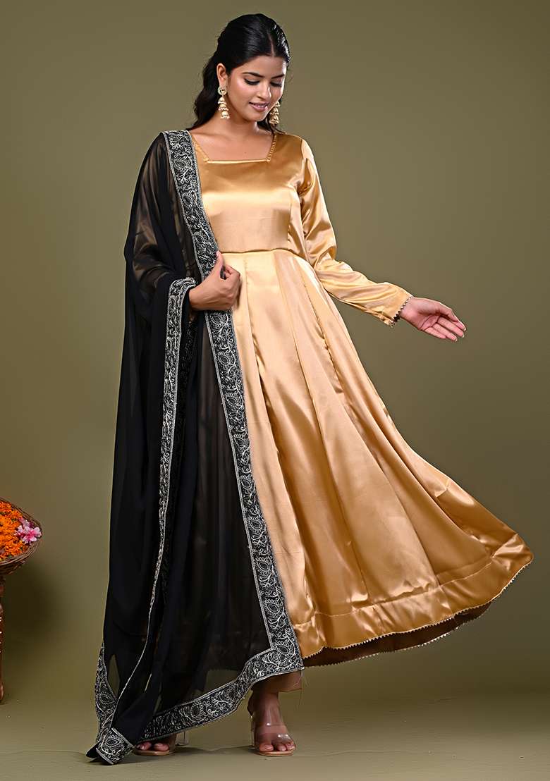 Golden Solid Satin Anarkali Set - Indya