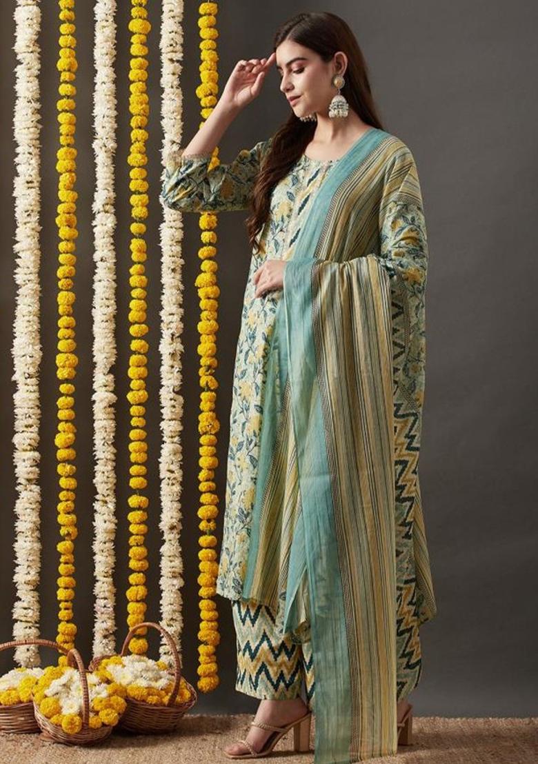 Turquoise Floral Print Pure Cotton Palazzo Set