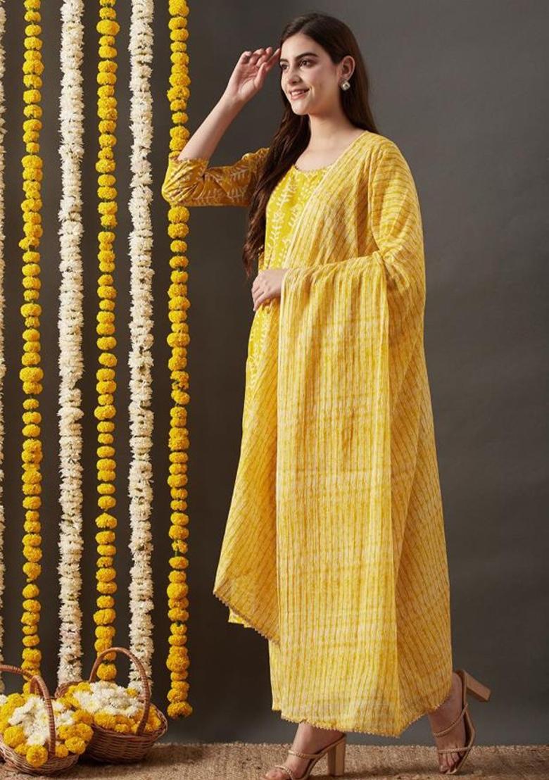 Yellow Floral Print Pure Cotton Kurta Set