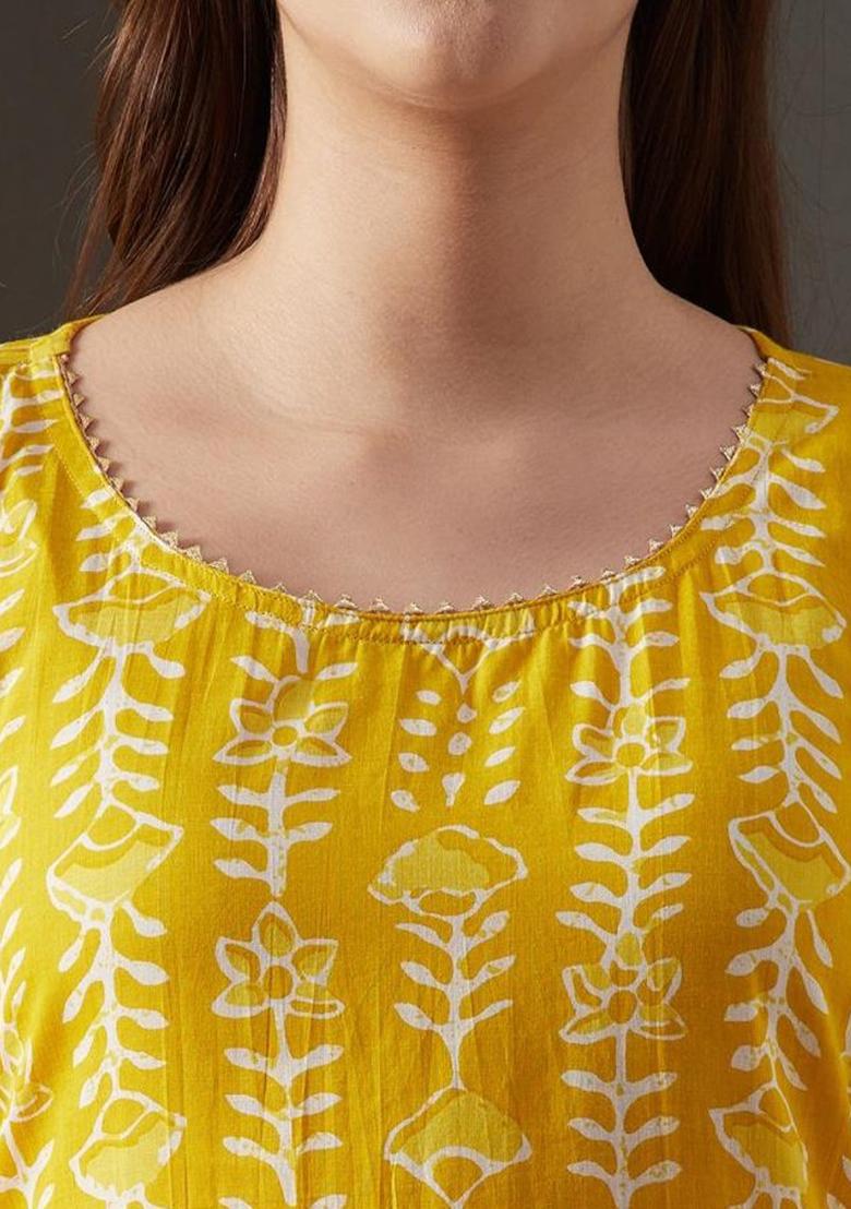 Yellow Floral Print Pure Cotton Kurta Set