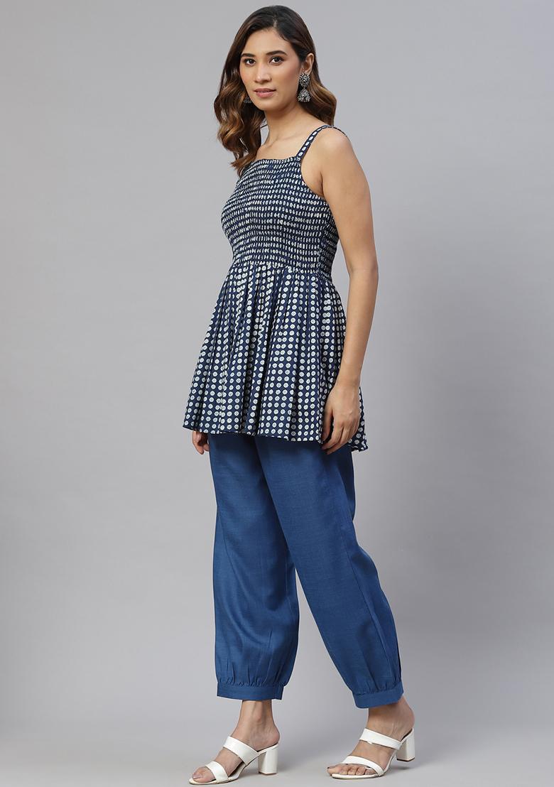 Navy Blue Graphic Print Cotton Blend Jacket Set