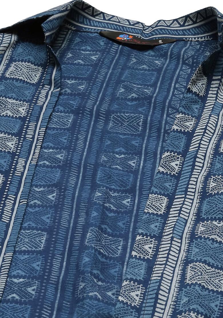 Navy Blue Graphic Print Cotton Blend Jacket Set