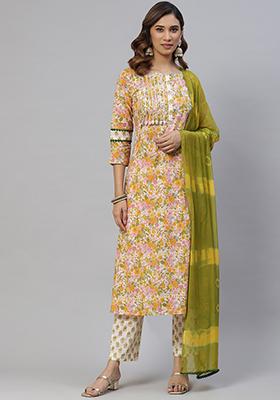 Multicolor Floral Print Cotton Blend Kurta Set
