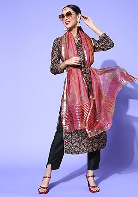 Multicolor Floral Print Cotton Blend Kurta Set
