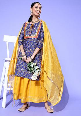 Blue Floral Print Cotton Blend Sharara Set