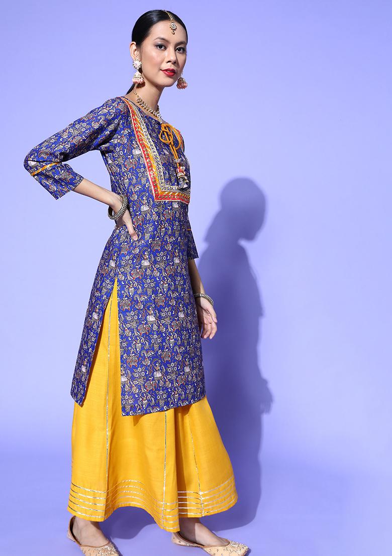 Blue Floral Print Cotton Blend Sharara Set