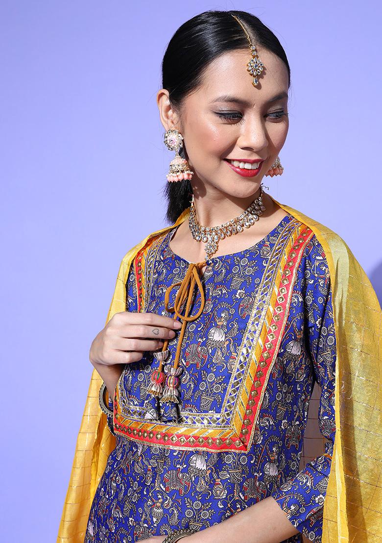 Blue Floral Print Cotton Blend Sharara Set