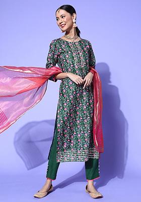 Green Floral Print Cotton Blend Kurta Set