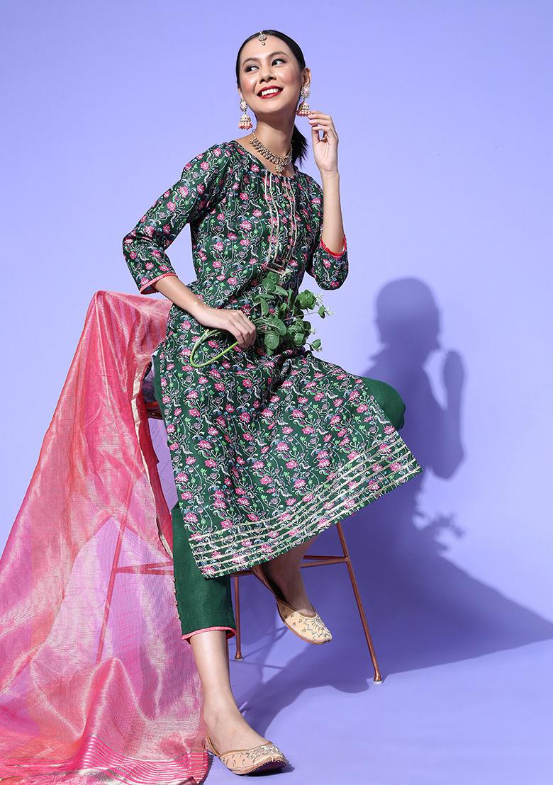 Green Floral Print Cotton Blend Kurta Set