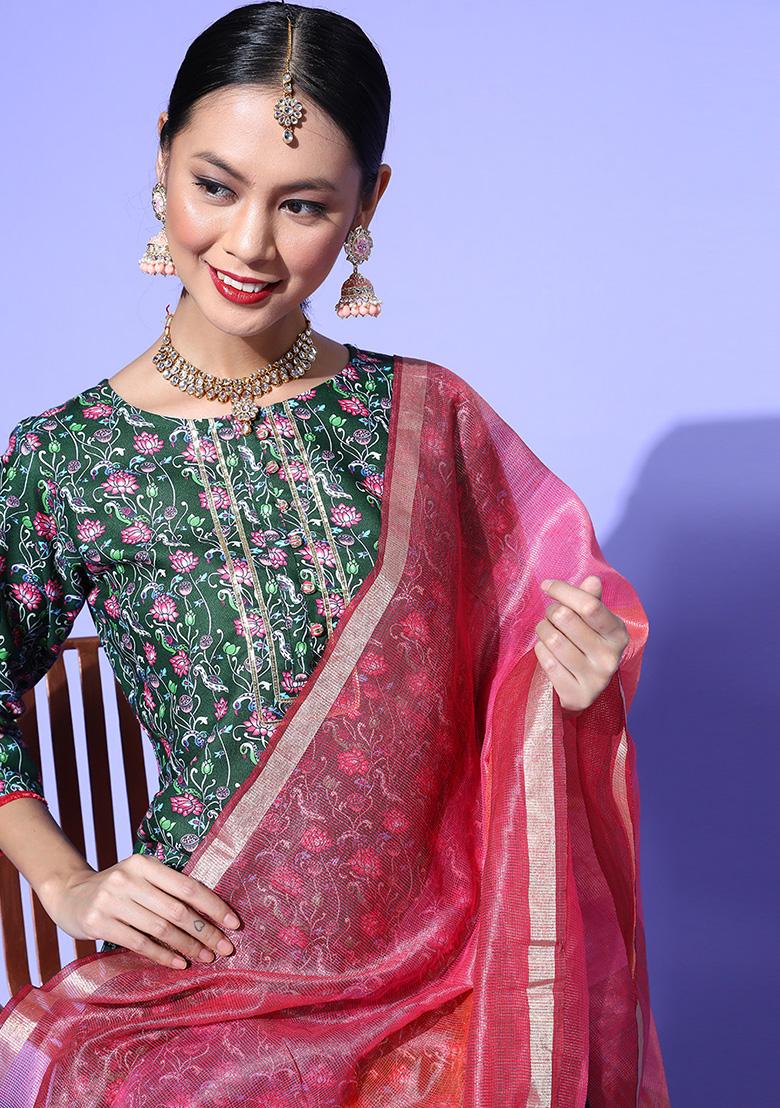 Green Floral Print Cotton Blend Kurta Set