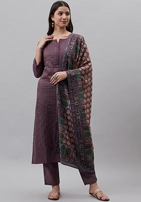 Brown Printed Crochet Chinon Kurta Set