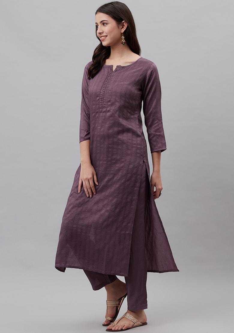 Brown Printed Crochet Chinon Kurta Set