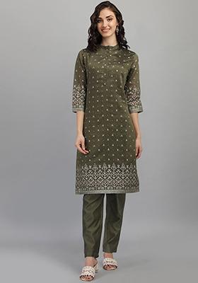 Mehendi Green Foil Print Pure Chanderi Silk Kurta Set