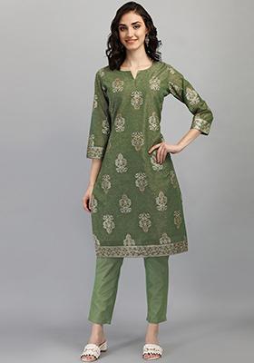 Green Foil Print Pure Chanderi Silk Kurta Set