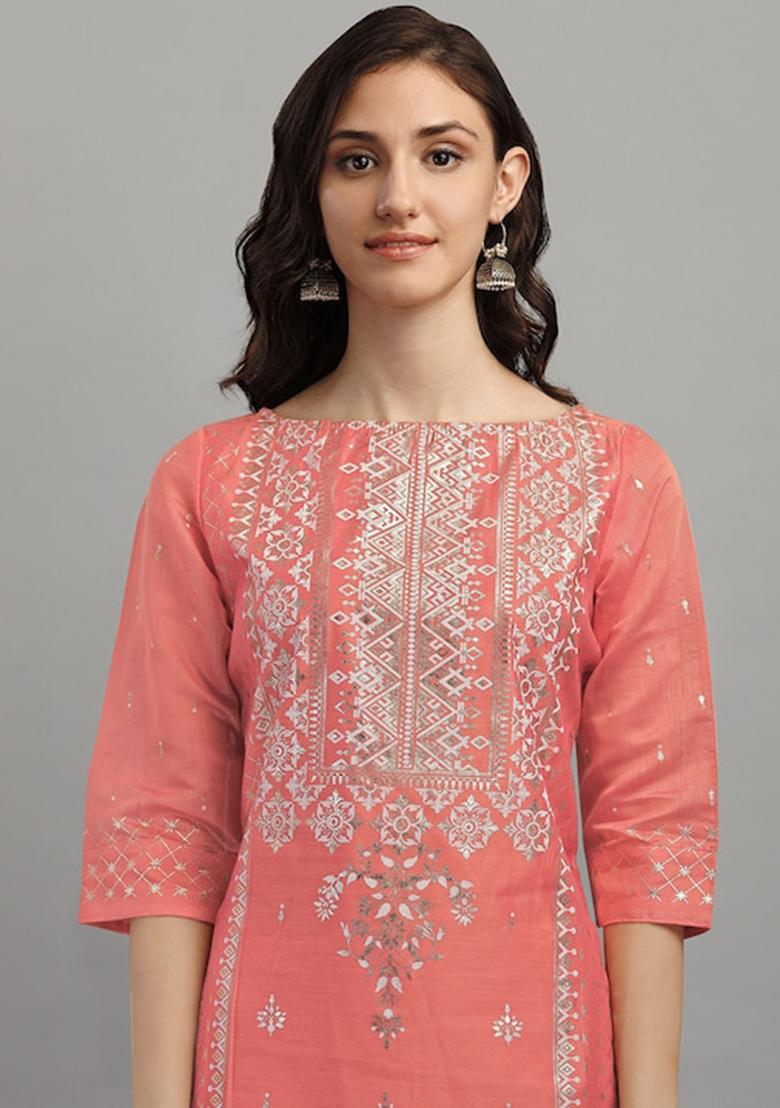 Red Foil Print Pure Chanderi Silk Kurta Set