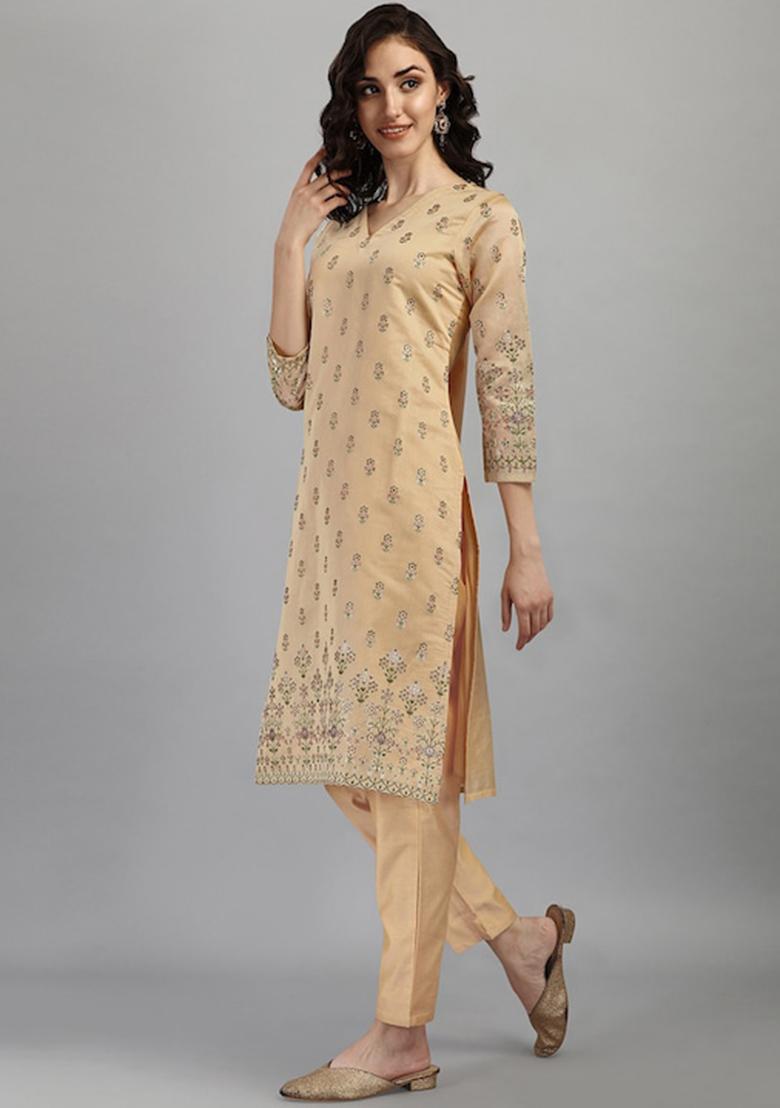 Yellow Foil Print Pure Chanderi Silk Kurta Set