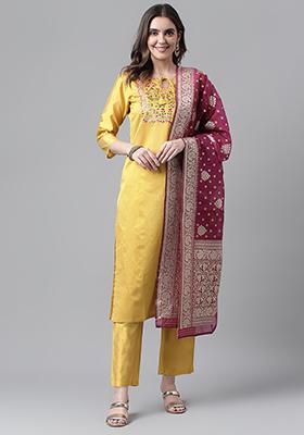 Yellow Embroidered Art Silk Kurta Set
