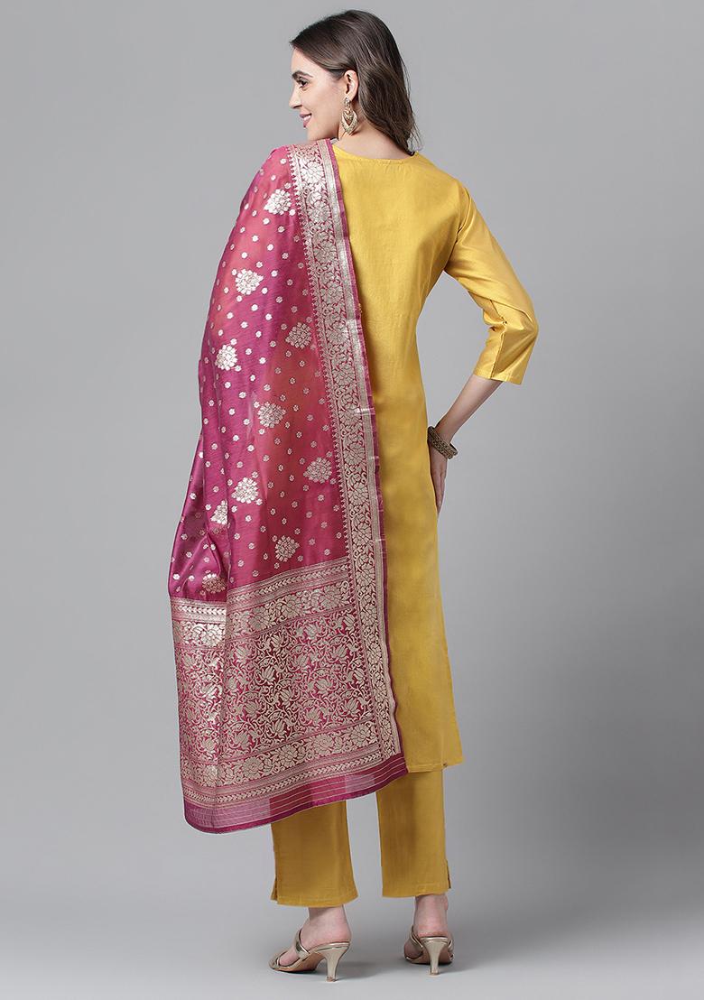 Yellow Embroidered Art Silk Kurta Set