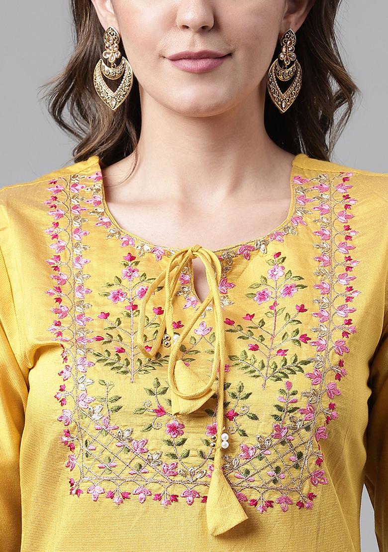 Yellow Embroidered Art Silk Kurta Set