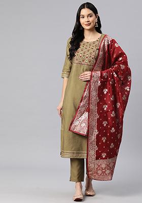 Beige Embroidered Art Silk Kurta Set