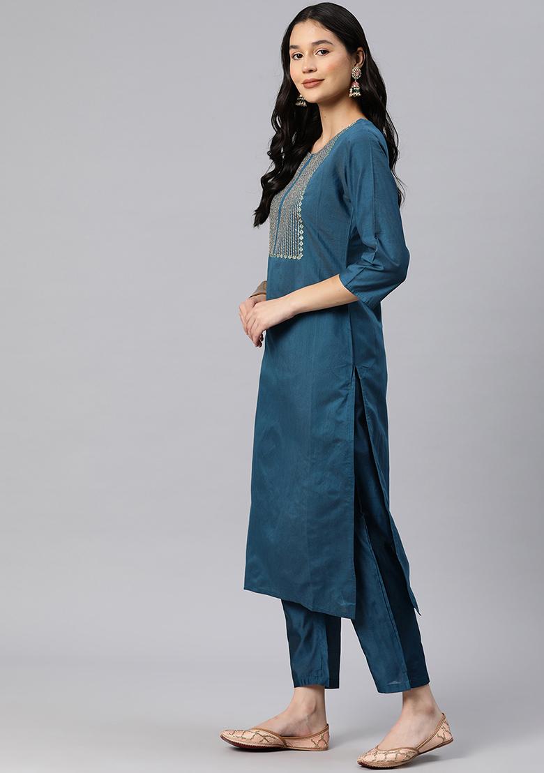 Blue Embroidered Art Silk Kurta Set
