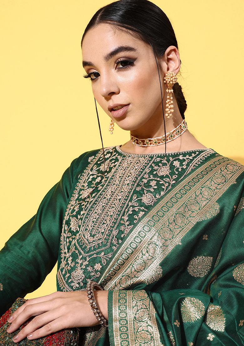 Green Woven Embroidered Chanderi Silk Kurta Set