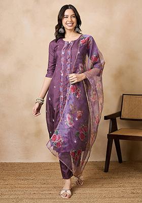 Purple Thread Embroidered Silk Chiffon Kurta Set