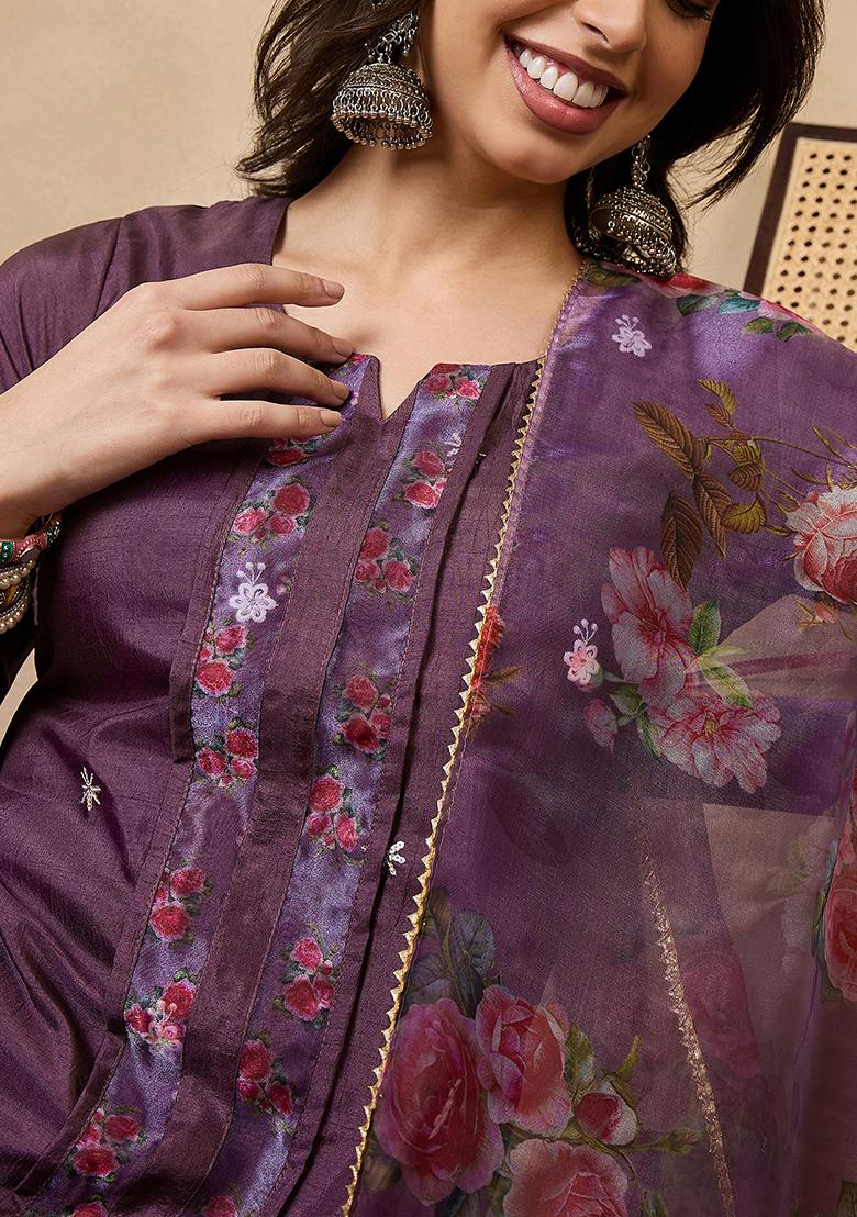 Purple Thread Embroidered Silk Chiffon Kurta Set