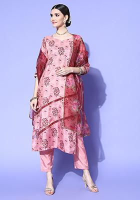 Pink Printed Silk Chiffon Kurta Set