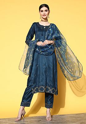 Blue Printed Silk Chiffon Kurta Set