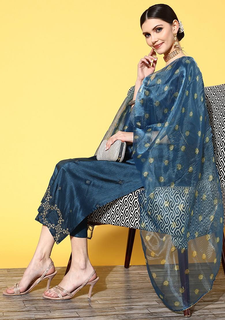 Blue Printed Silk Chiffon Kurta Set