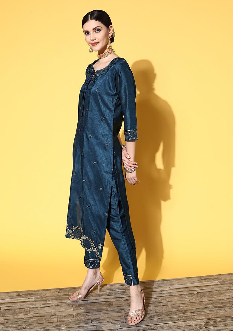 Blue Printed Silk Chiffon Kurta Set