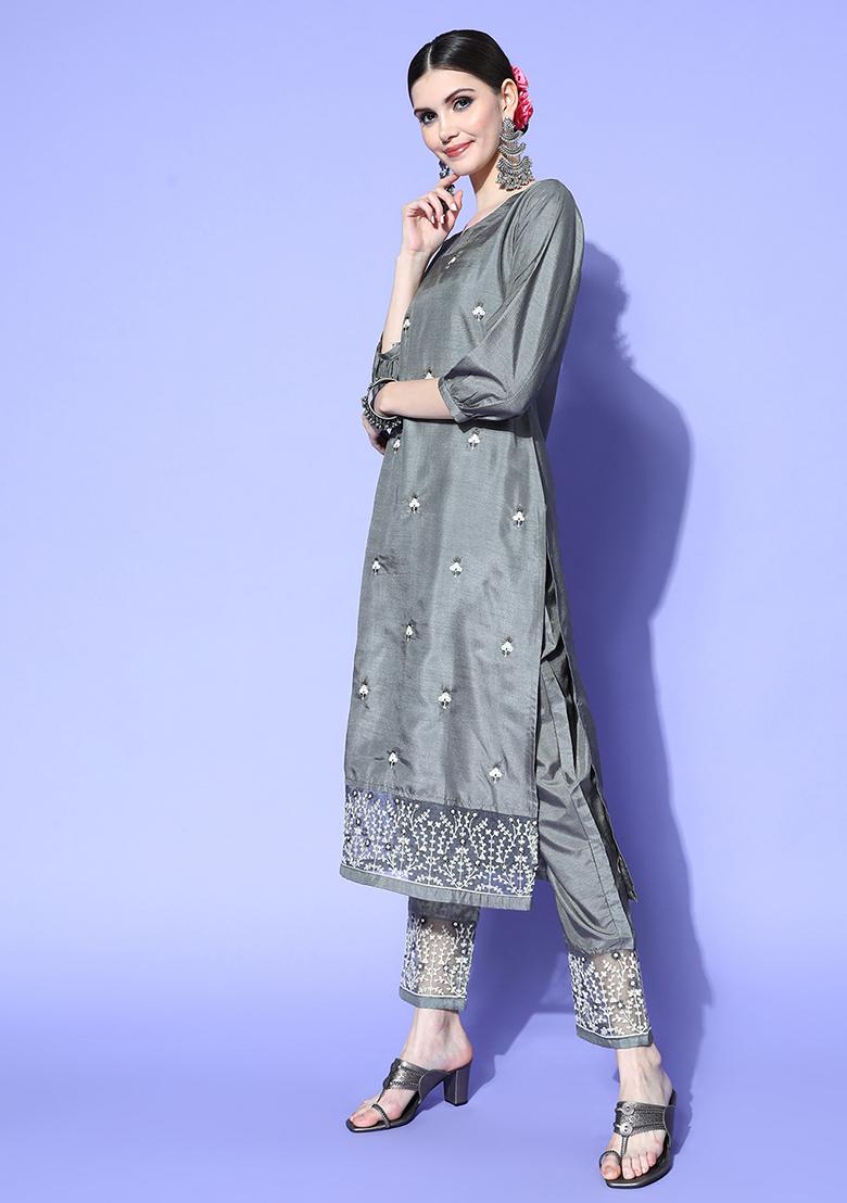 Grey Thread Embroidered Silk Chiffon Kurta Set
